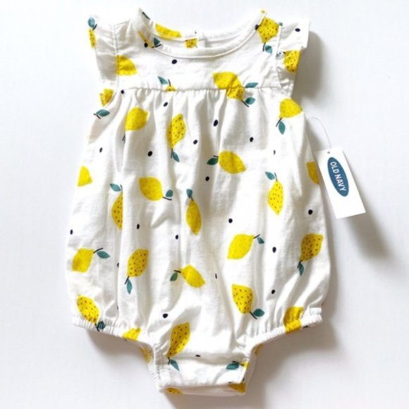 Old Navy | White and Yellow Flutter Sleeve Lemon Bubble Romper | Size 3-6 Months - Picture 1 of 9